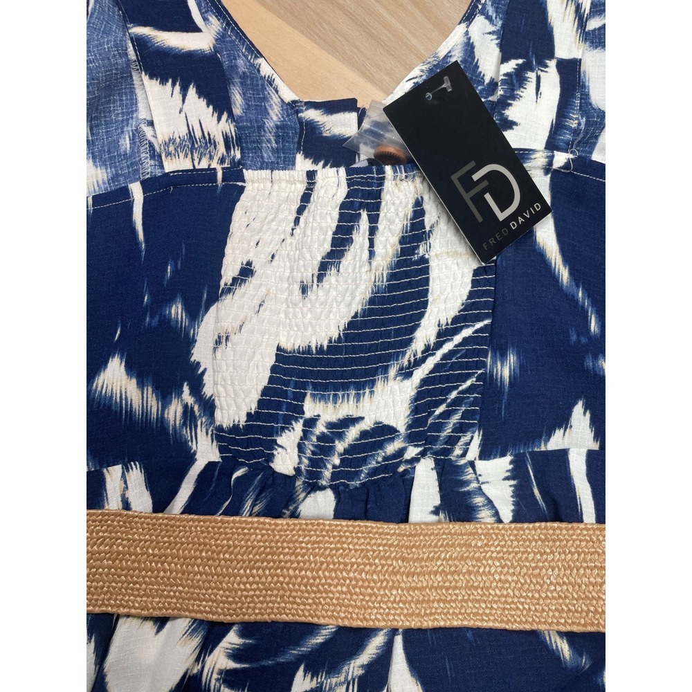 Fred David Blue White Tropical Print Midi Dress Belted Sleeveless Size Small - Picture 10 of 10
